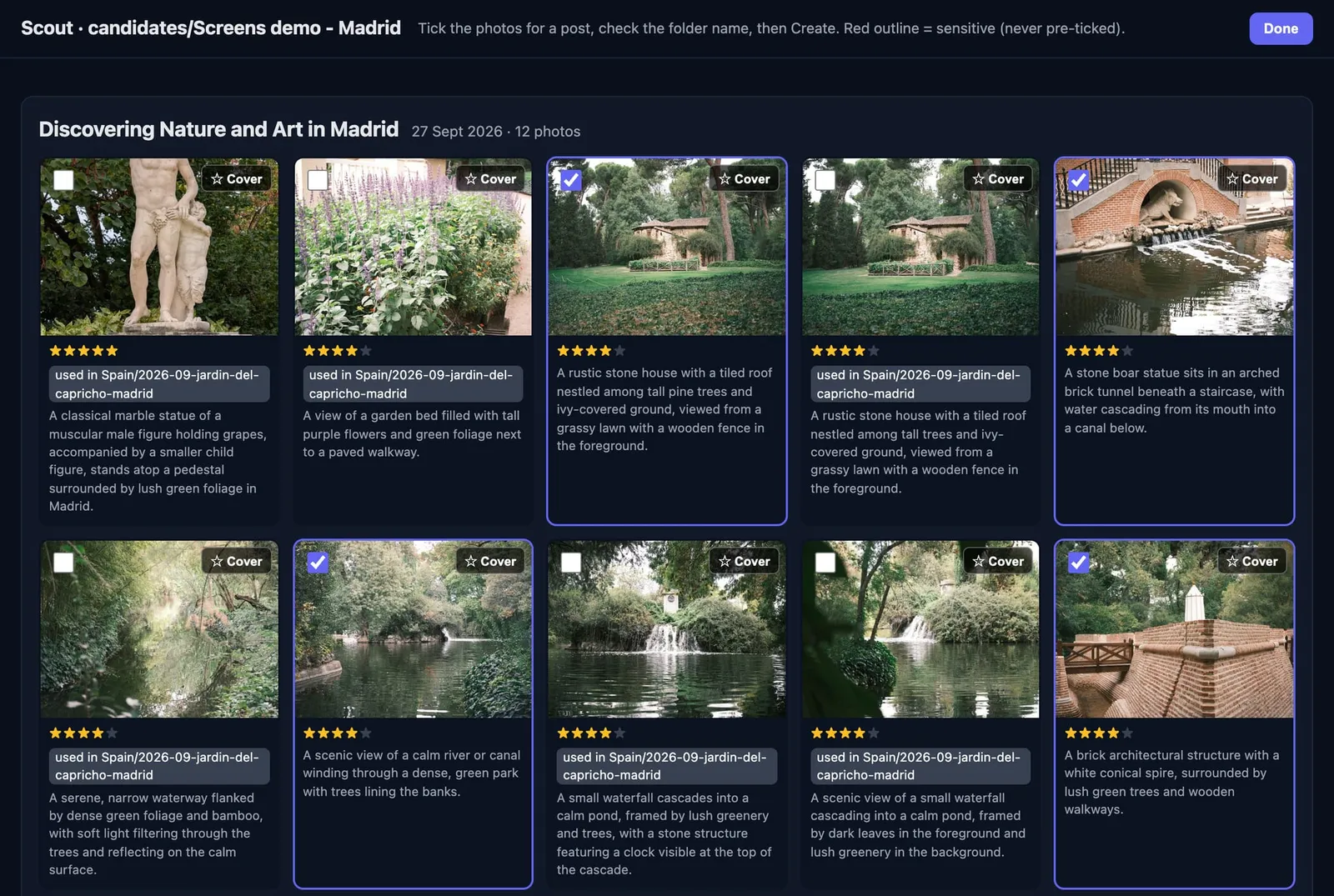 Hoja de contactos Scout con fotos del jardín, valoraciones con estrellas, descripciones de la IA y casillas de verificación