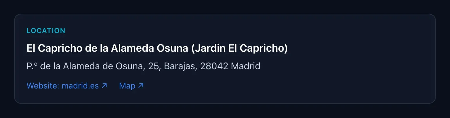 Caja de ubicación con el nombre del jardín, dirección, sitio web y enlaces al mapa